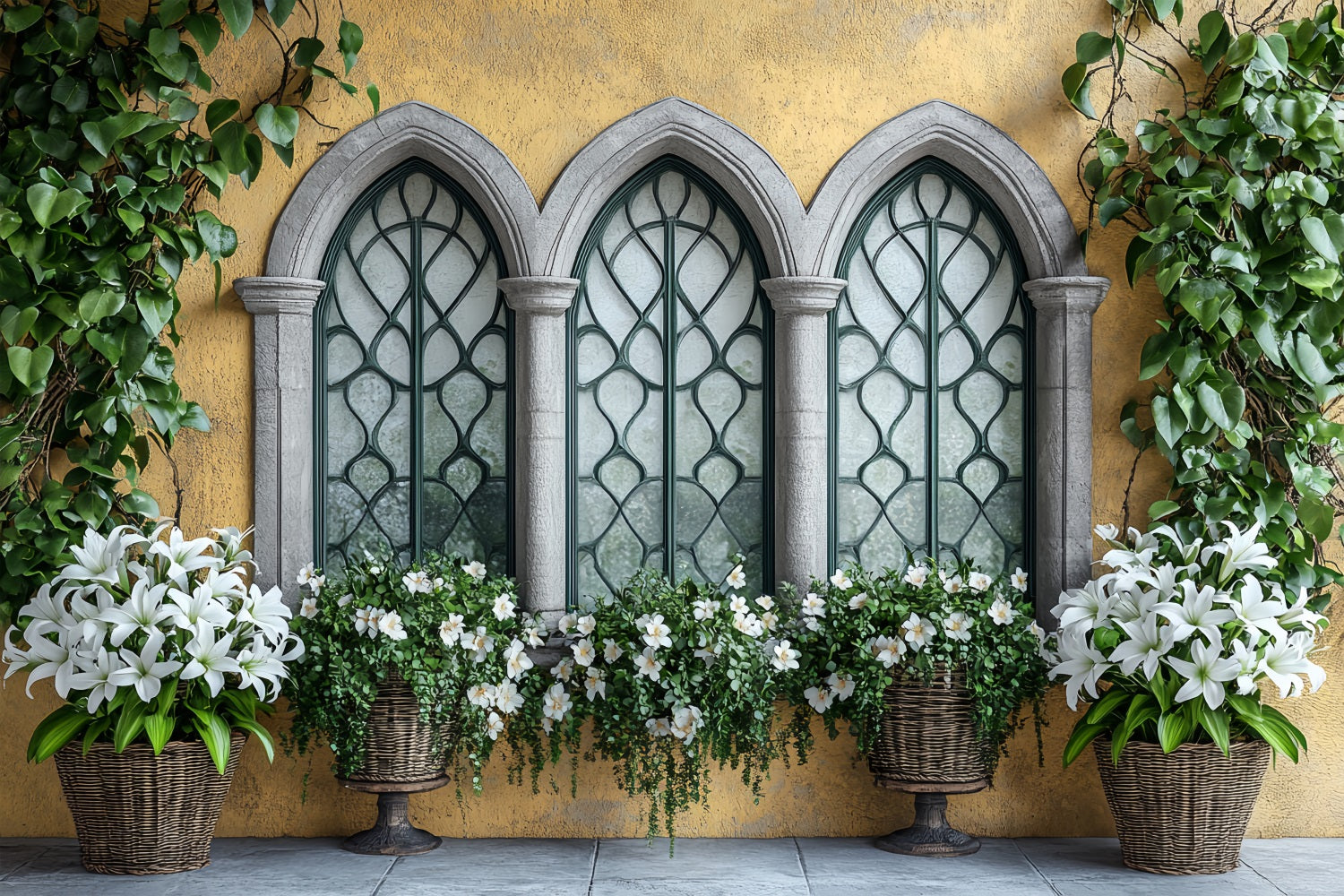 Backdrop Spring White Lily Baskets Stone Window Backdrop BRP1-16