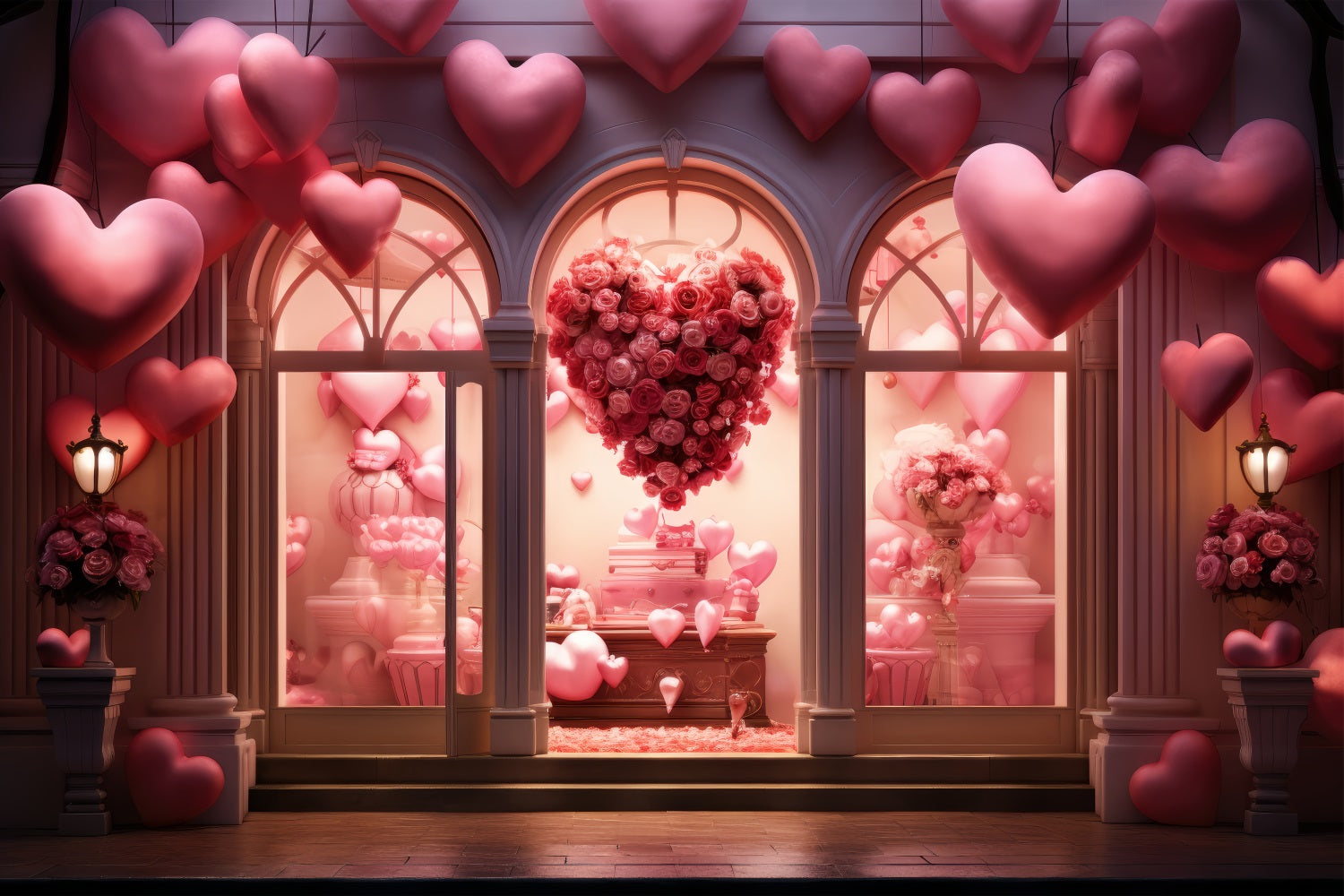 Valentines Day Backdrop Heart Rose Balloons Window Backdrop BRP1-162