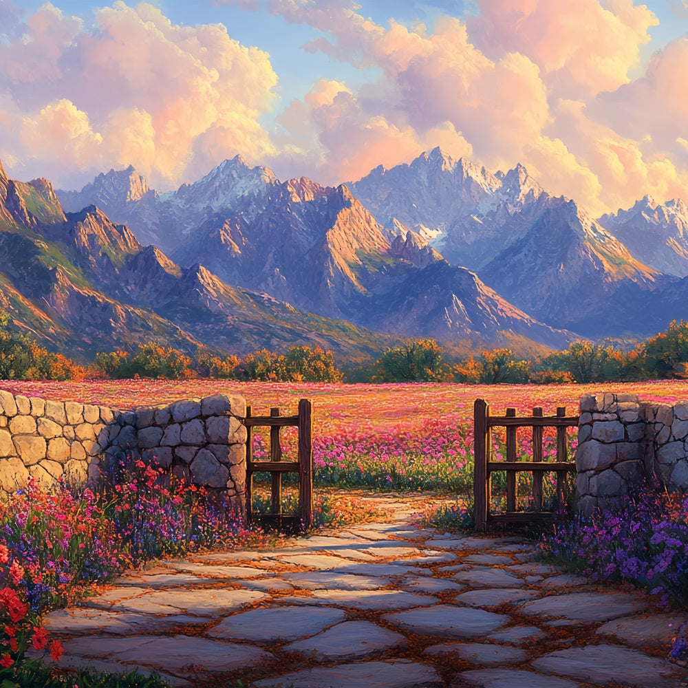 Spring Backdrops Ideas Colorful Wildflowers Mountains Backdrop BRP1-18