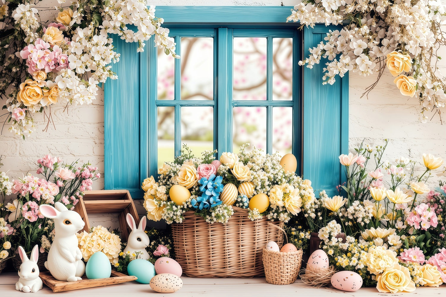 Easter Photography Backdrop Eggs Springtime Floral Window Backdrop BRP1-216