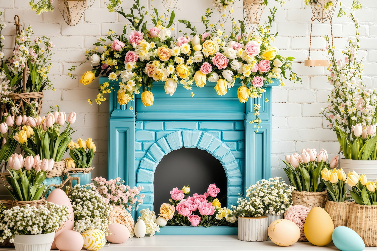 Photo Backdrops Easter Spring Fireplace Egg Basket Backdrop BRP1-217