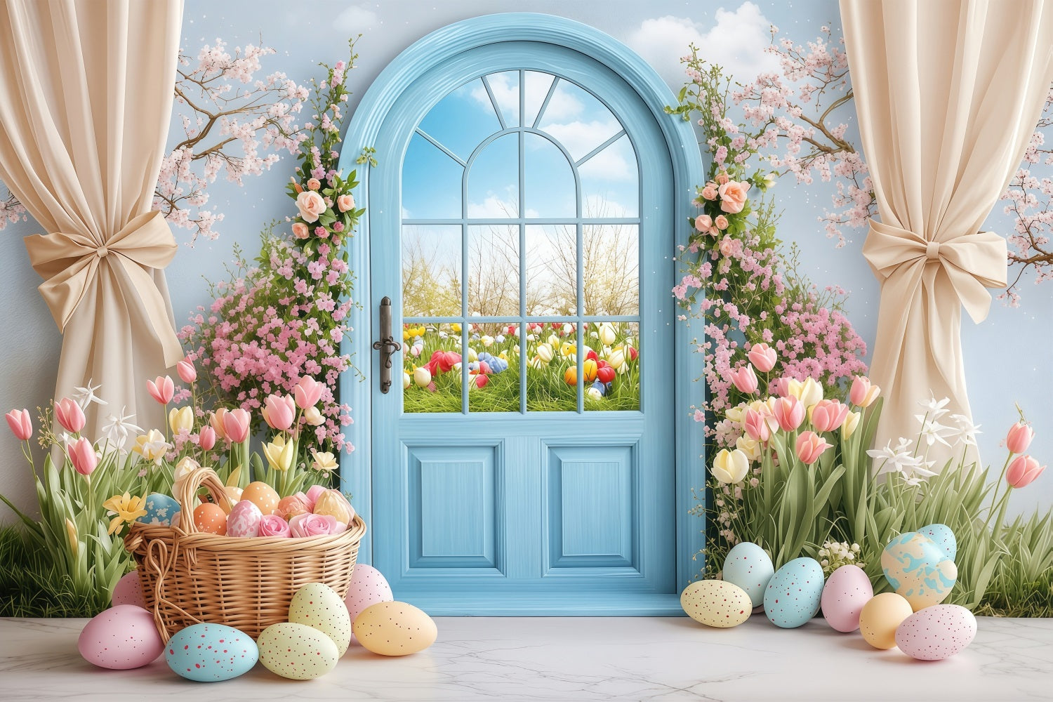 Easter Backdrop Photography Spring Garden Blue Door Backdrop BRP1-225