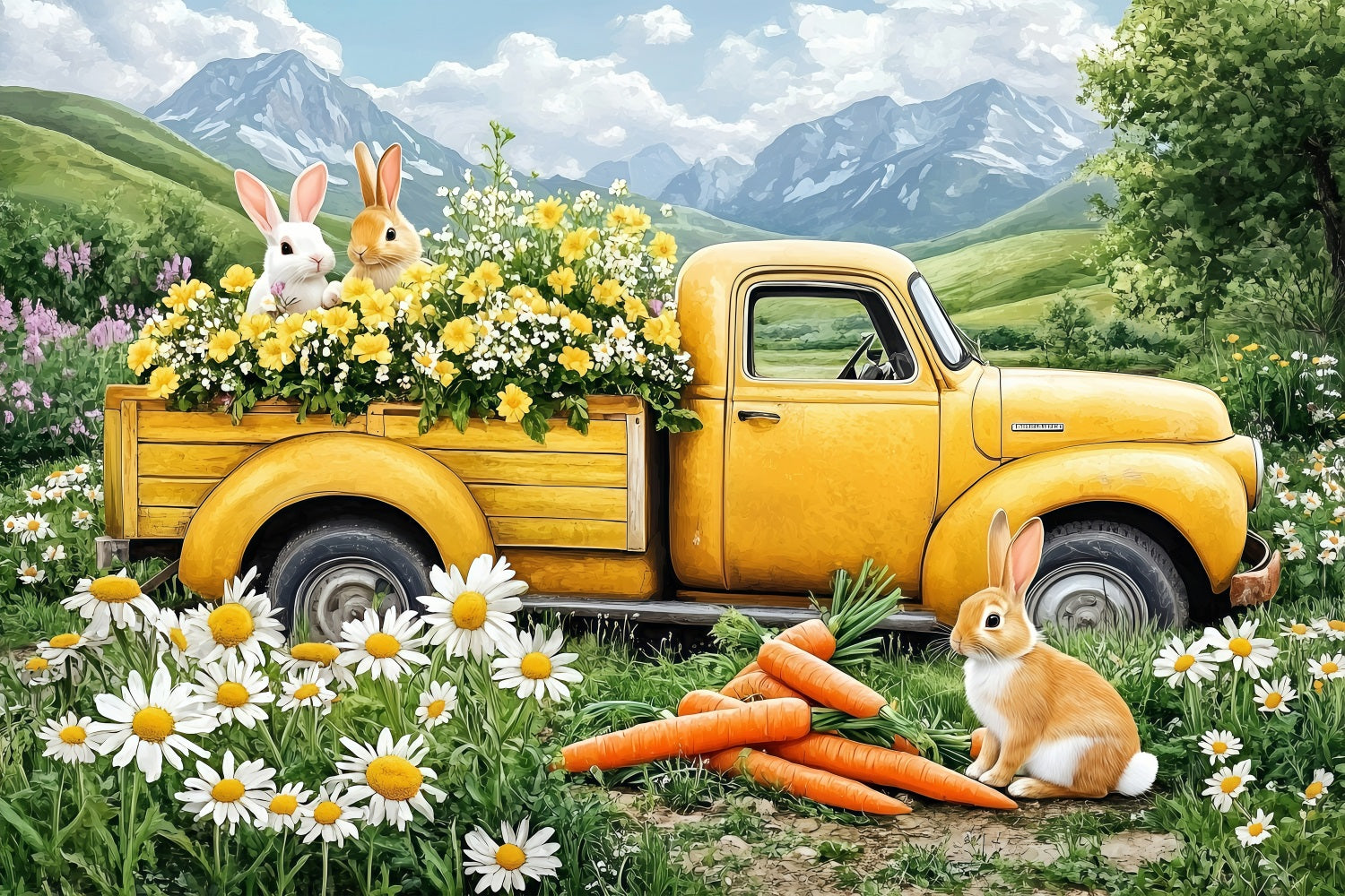 Easter Backdrops Photos Enchanted Yellow Truck Bunny Backdrop BRP1-226