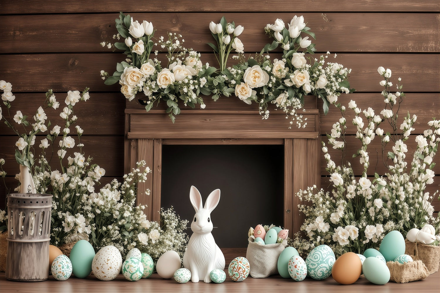 Backdrops Easter Classic Wooden Mantel Bunny Backdrop BRP1-235