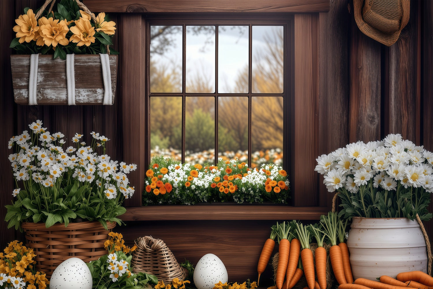 Easter Spring Backdrops Rustic Window Carrot Scene Backdrop BRP1-237