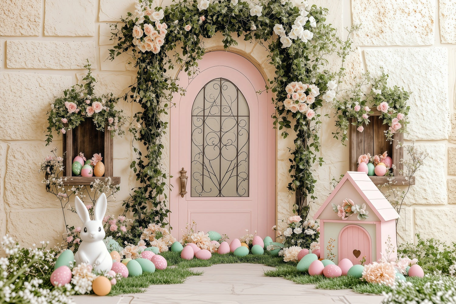 Easter Backdrop Photo Bunny Garden Pink Door Backdrop BRP1-238