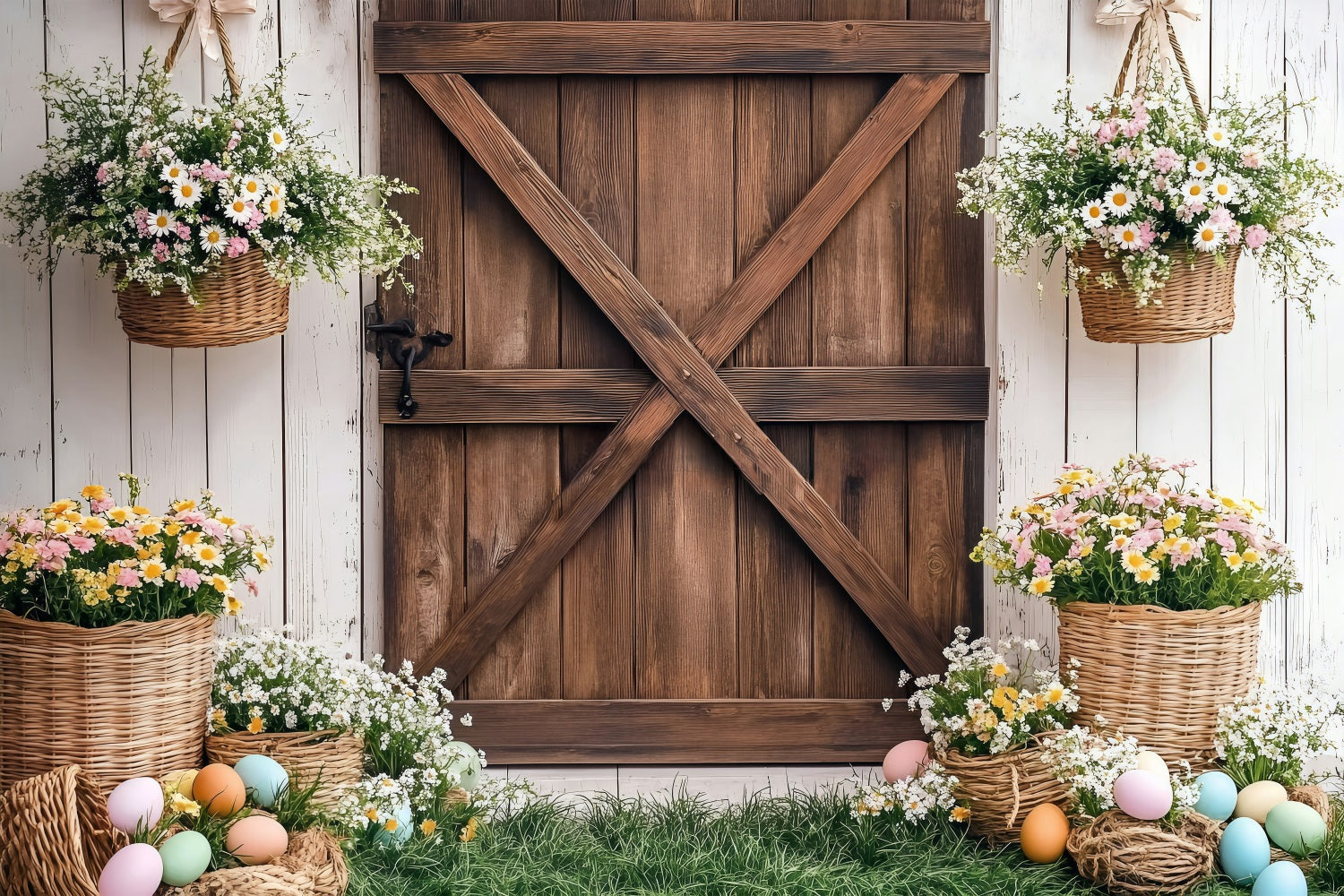 Easter Backdrop Photos Spring Barn Door Flower Backdrop BRP1-243