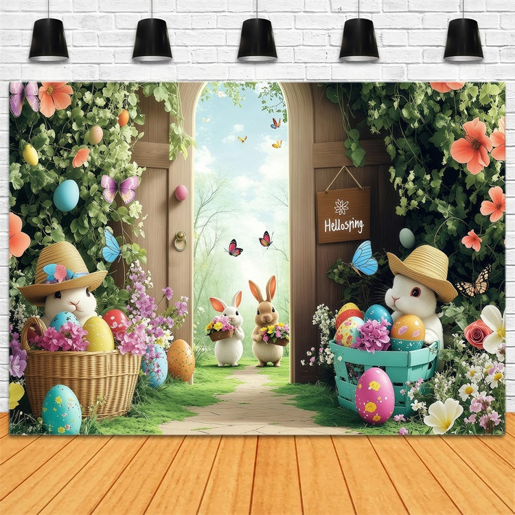 Easter Backdrops Spring Butterflies Bunny Gathering Backdrop BRP1-245