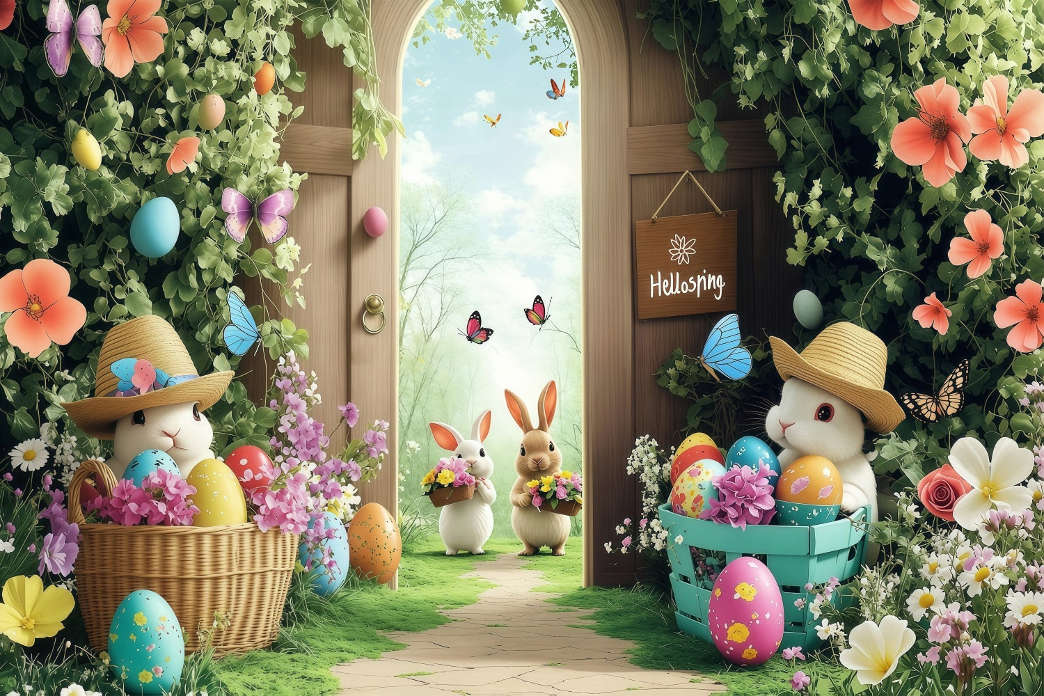 Easter Backdrops Spring Butterflies Bunny Gathering Backdrop BRP1-245