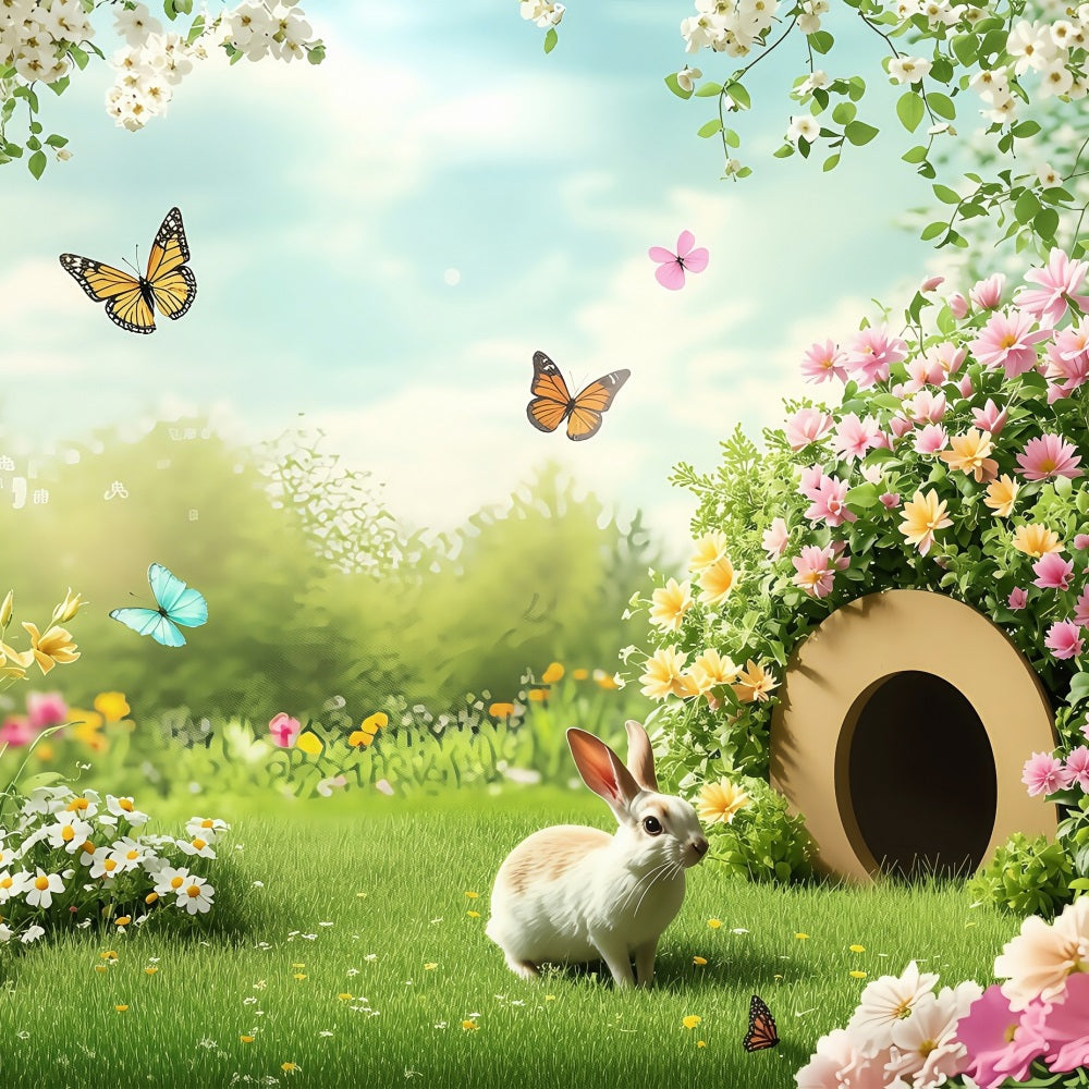 Easter Photo Backdrops Sunny Floral Field Rabbit Backdrop BRP1-246