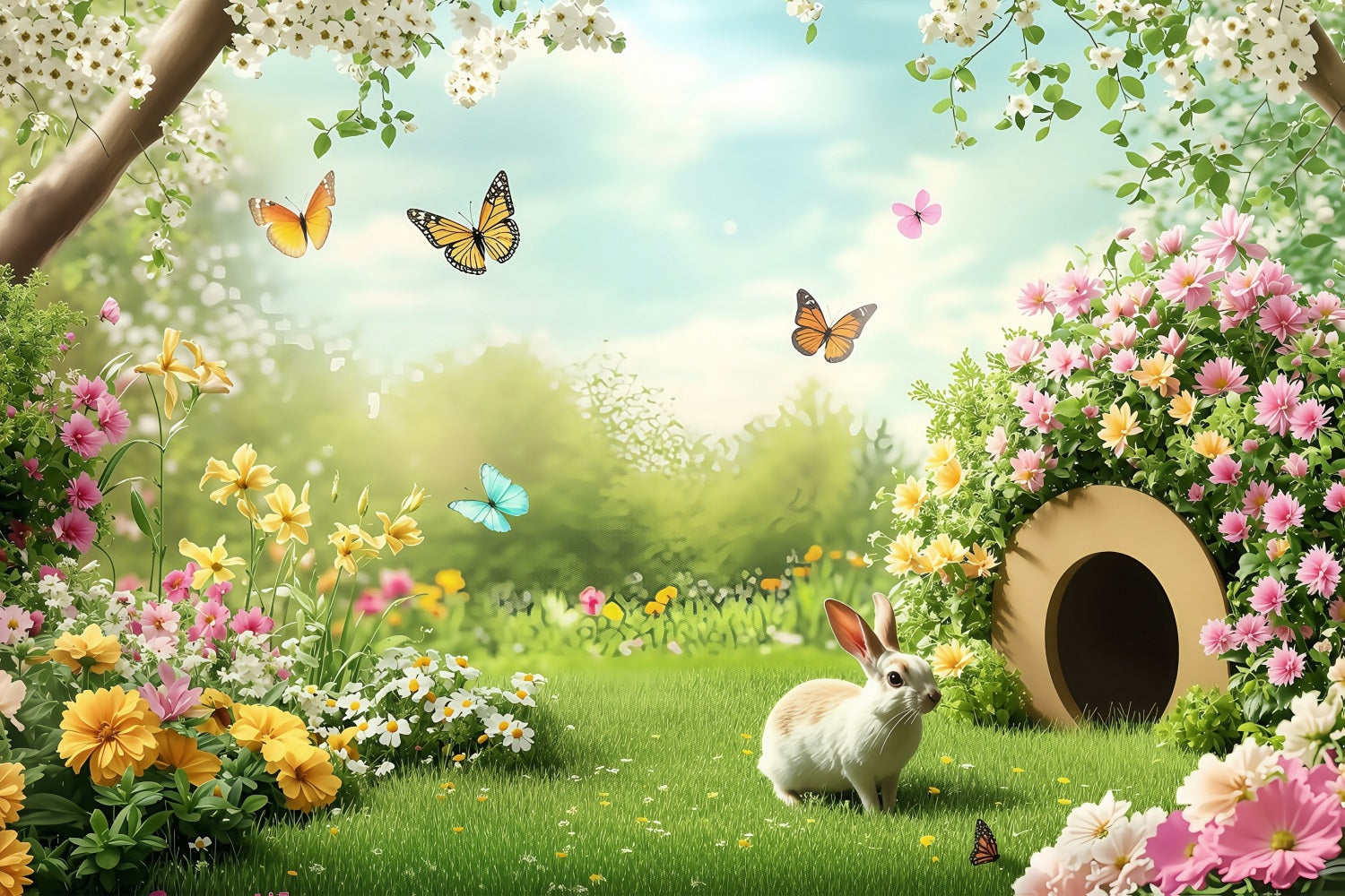 Easter Photo Backdrops Sunny Floral Field Rabbit Backdrop BRP1-246