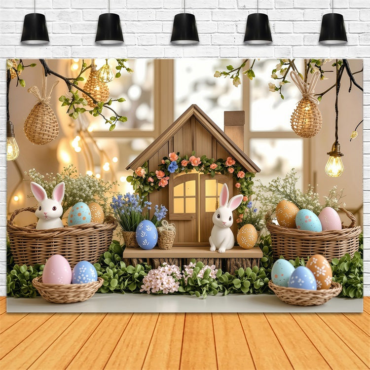 Easter Bunny Backdrop Illuminated Cottage Egg Scene Backdrop BRP1-249