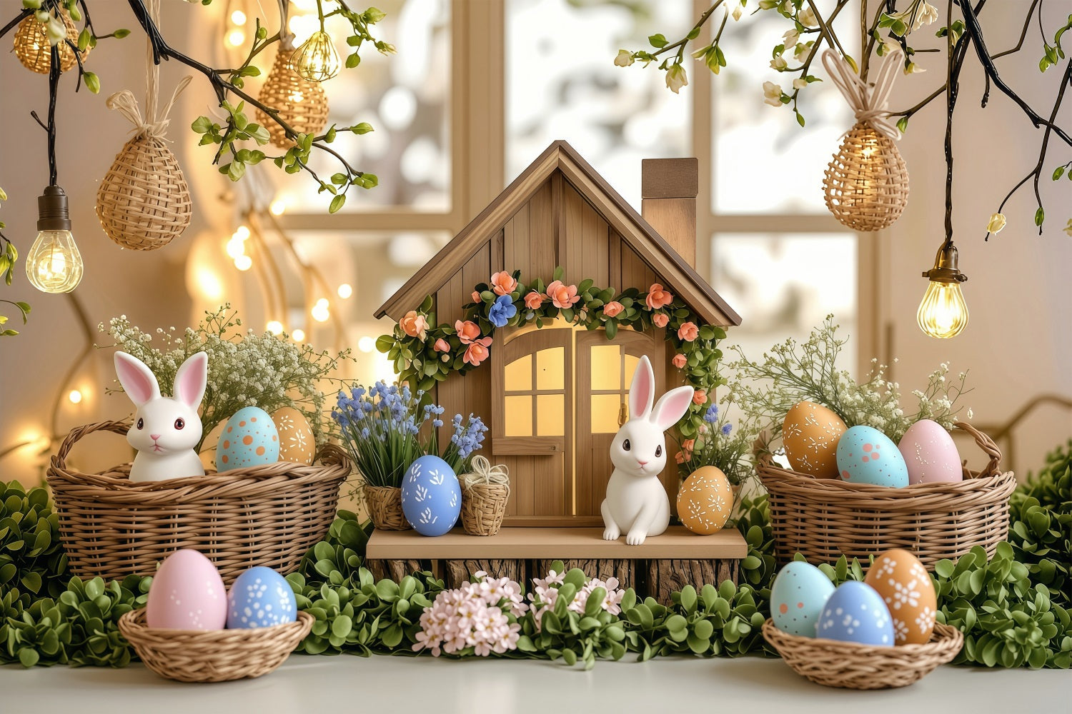 Easter Bunny Backdrop Illuminated Cottage Egg Scene Backdrop BRP1-249