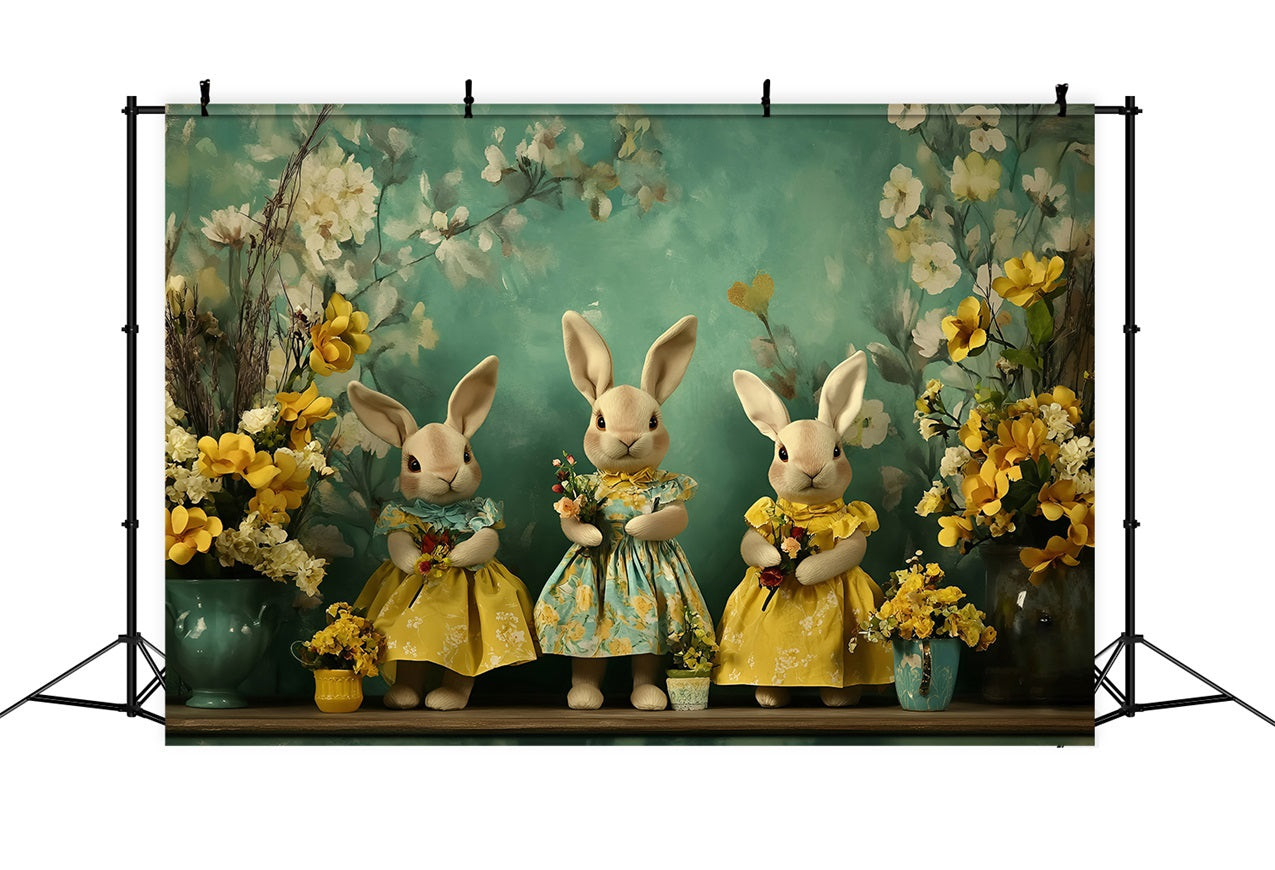 Easter Photo Backdrop Bunny Trio Floral Accents Backdrop BRP1-252