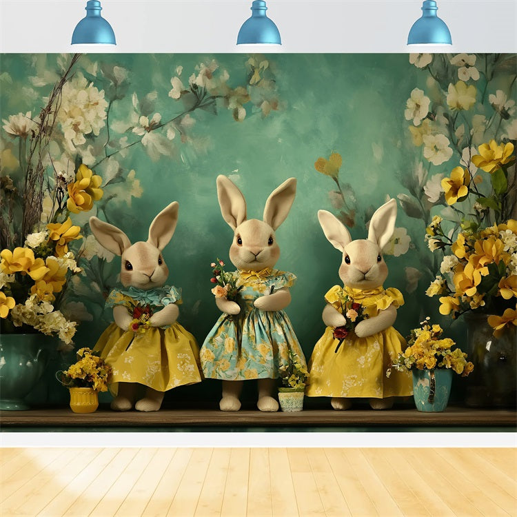 Easter Photo Backdrop Bunny Trio Floral Accents Backdrop BRP1-252