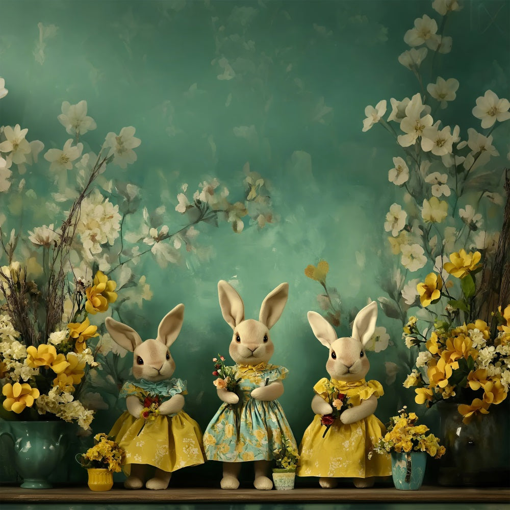 Easter Photo Backdrop Bunny Trio Floral Accents Backdrop BRP1-252