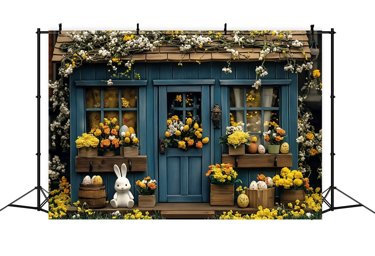 Photography Easter Backdrop Blue Bunny Cottage Flowers Backdrop BRP1-253