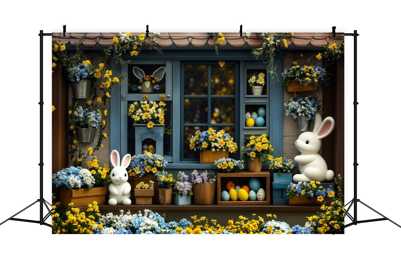 Easter Egg Backdrop Blooming Yellow Blue Bunny Backdrop BRP1-254