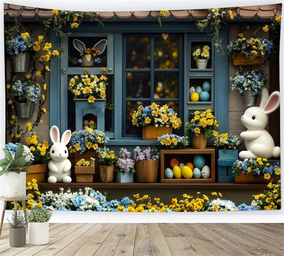 Easter Egg Backdrop Blooming Yellow Blue Bunny Backdrop BRP1-254