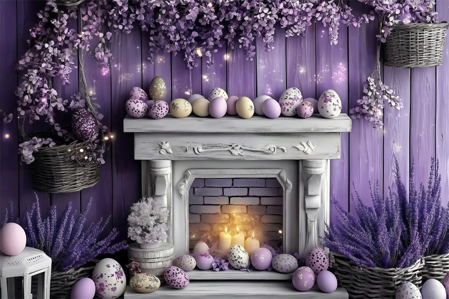 Easter Photo Backdrop Violet Bunny Fireplace Decor Backdrop BRP1-259