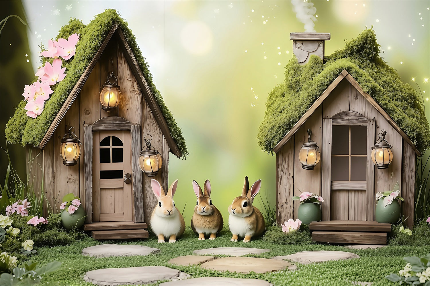 Easter Backdrops Photography Dreamy Moss-Covered Bunny Homes Backdrop BRP1-260