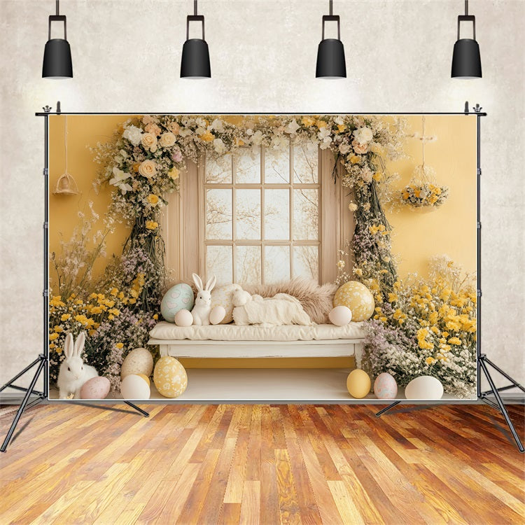 Easter Backdrops Photography Golden Floral Bunny Window Backdrop BRP1-262