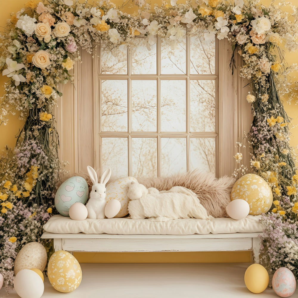 Easter Backdrops Photography Golden Floral Bunny Window Backdrop BRP1-262