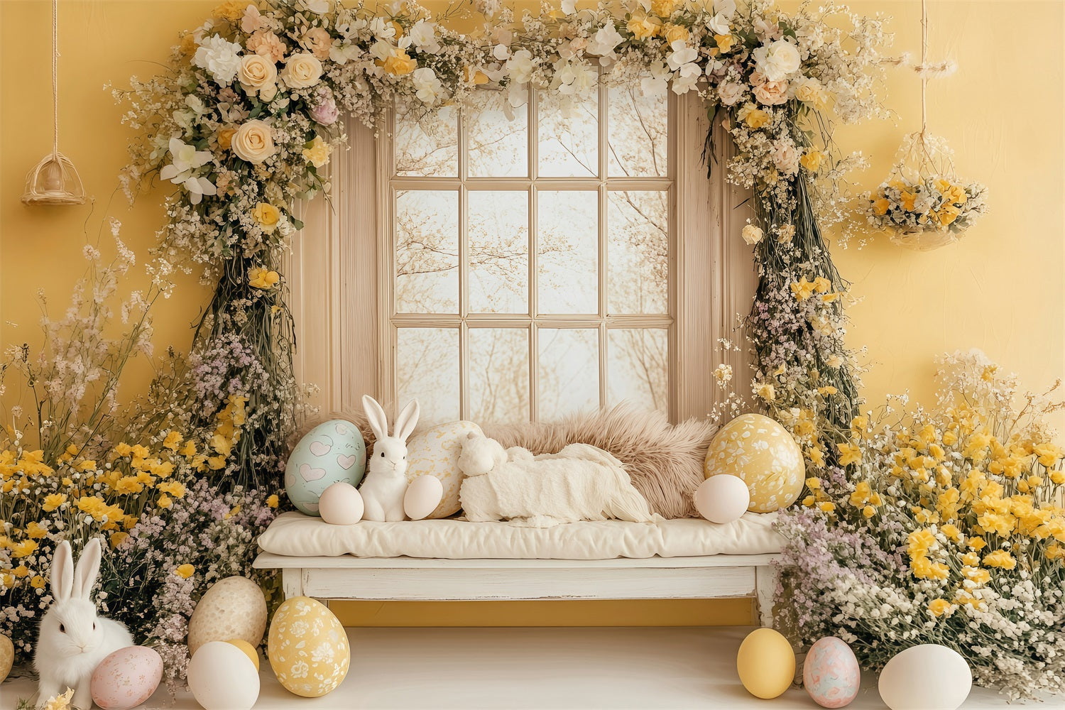 Easter Backdrops Photography Golden Floral Bunny Window Backdrop BRP1-262