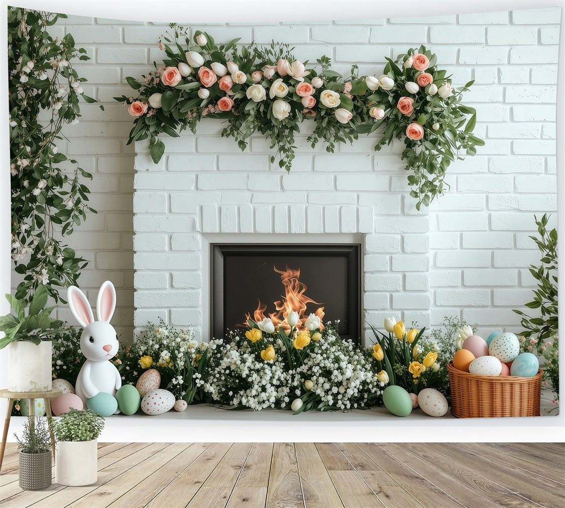 Photo Backdrops Easter White Brick Fireplace Bloom Backdrop BRP1-269