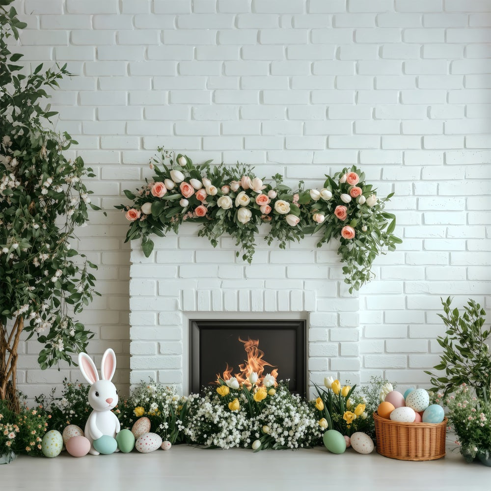 Photo Backdrops Easter White Brick Fireplace Bloom Backdrop BRP1-269