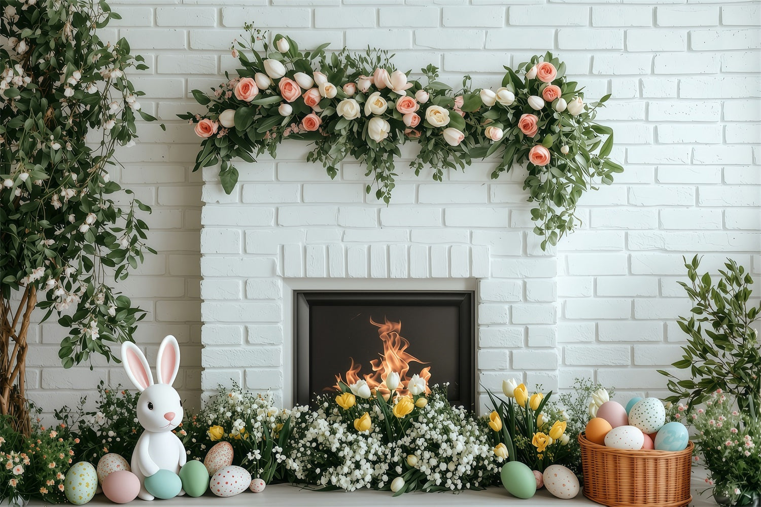 Photo Backdrops Easter White Brick Fireplace Bloom Backdrop BRP1-269