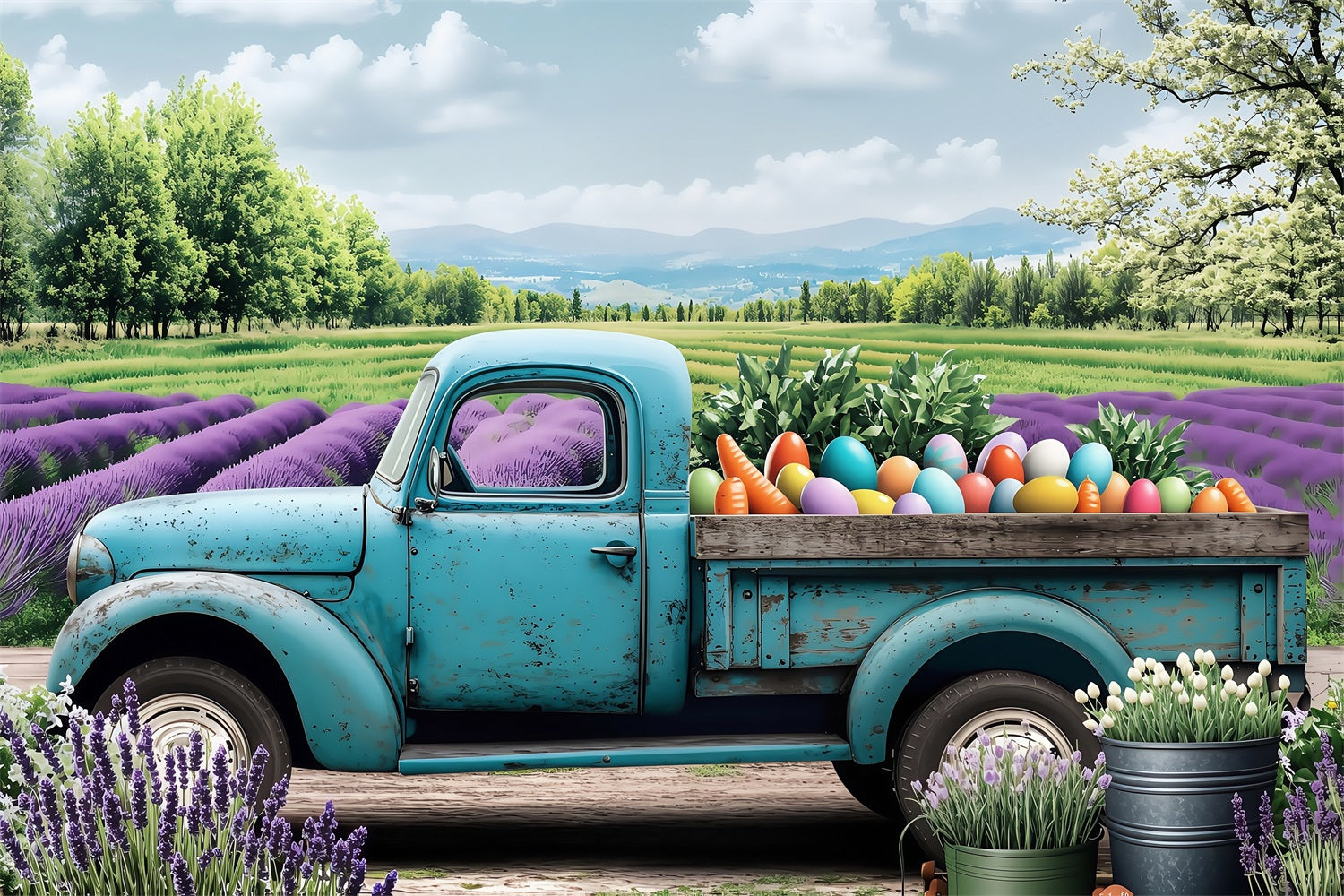 Easter Photoshoot Backdrop Truck Blooming Lavender Scene Backdrop BRP1-270