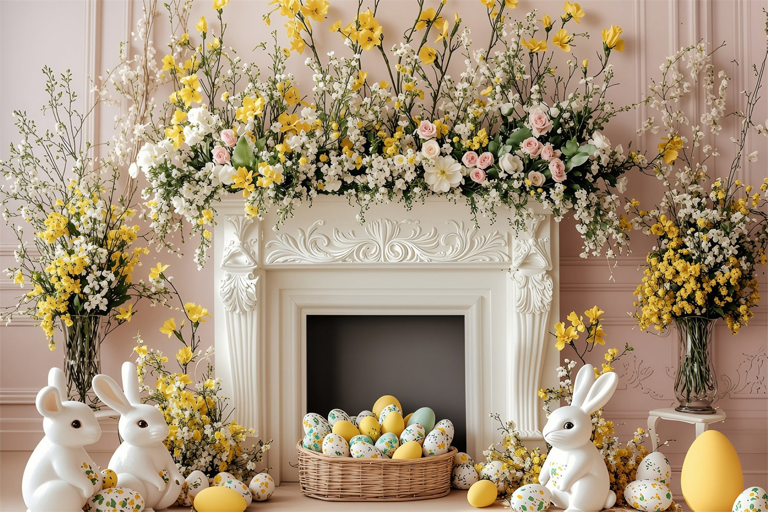 Easter Backdrop Photo Blooming Fireplace Bunny Scene Backdrop BRP1-272