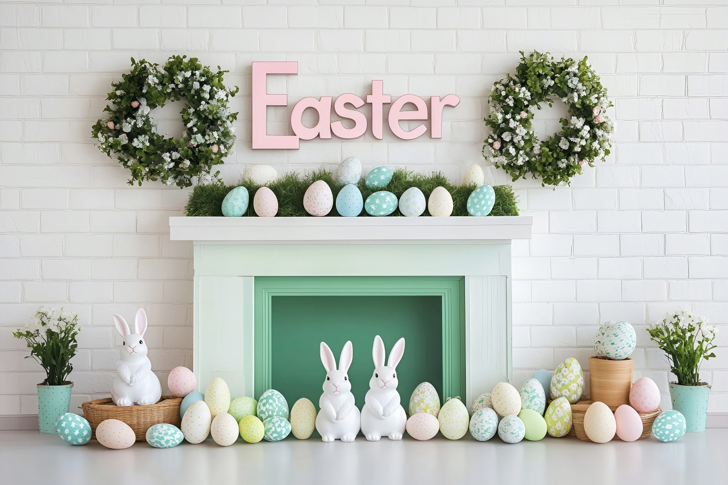 Happy Easter Photo Backdrop Bunny Egg Mantel Backdrop BRP1-277