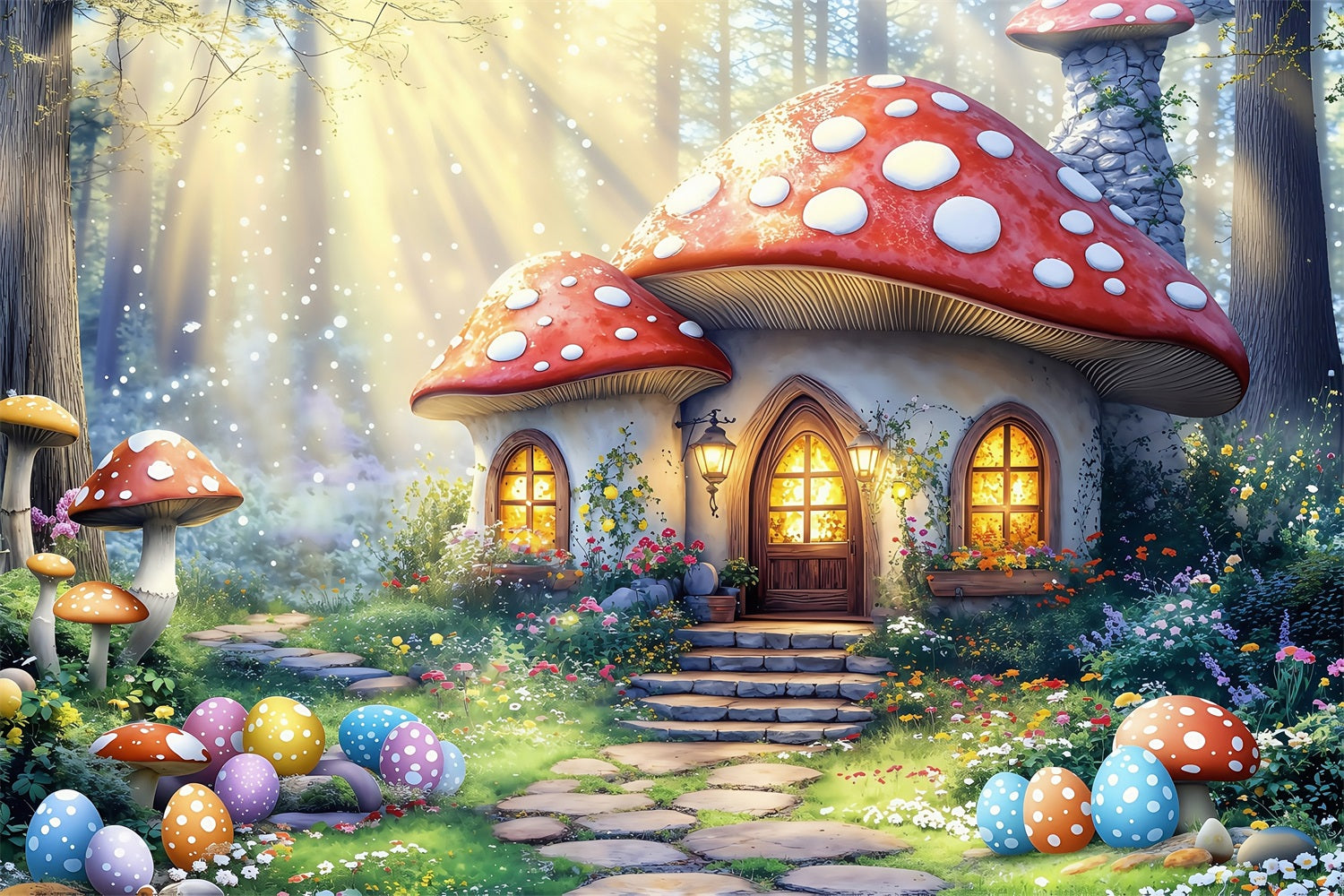 Easter Spring Backdrops Fantasy Mushroom House Eggs Backdrop BRP1-281