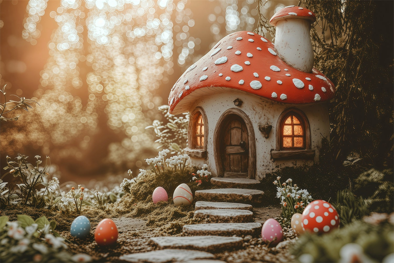 Easter Backdrops Photography Magical Mushroom Cottage Eggs Backdrop BRP1-282