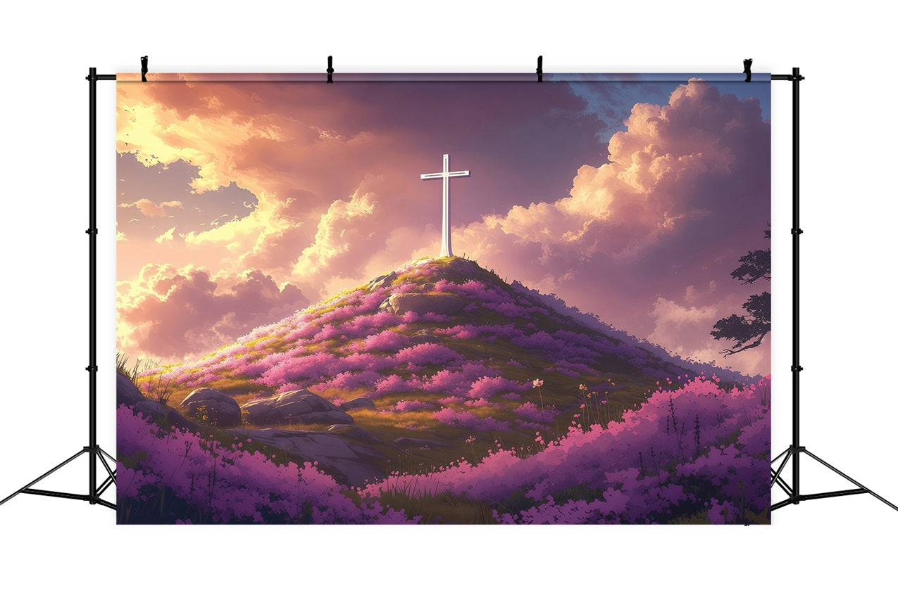 Backdrops Easter Divine Sunset Cross Flowered Hill Backdrop BRP1-309