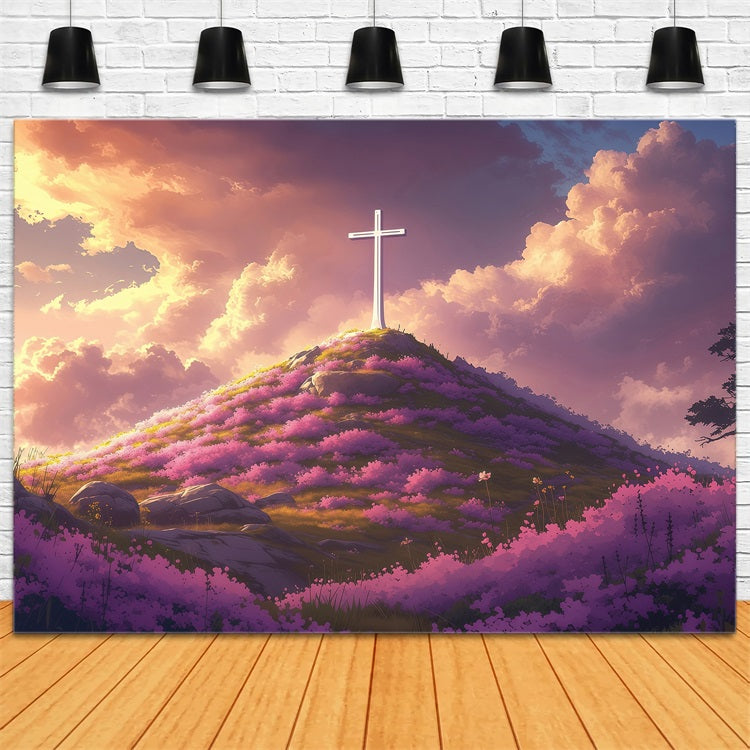 Backdrops Easter Divine Sunset Cross Flowered Hill Backdrop BRP1-309