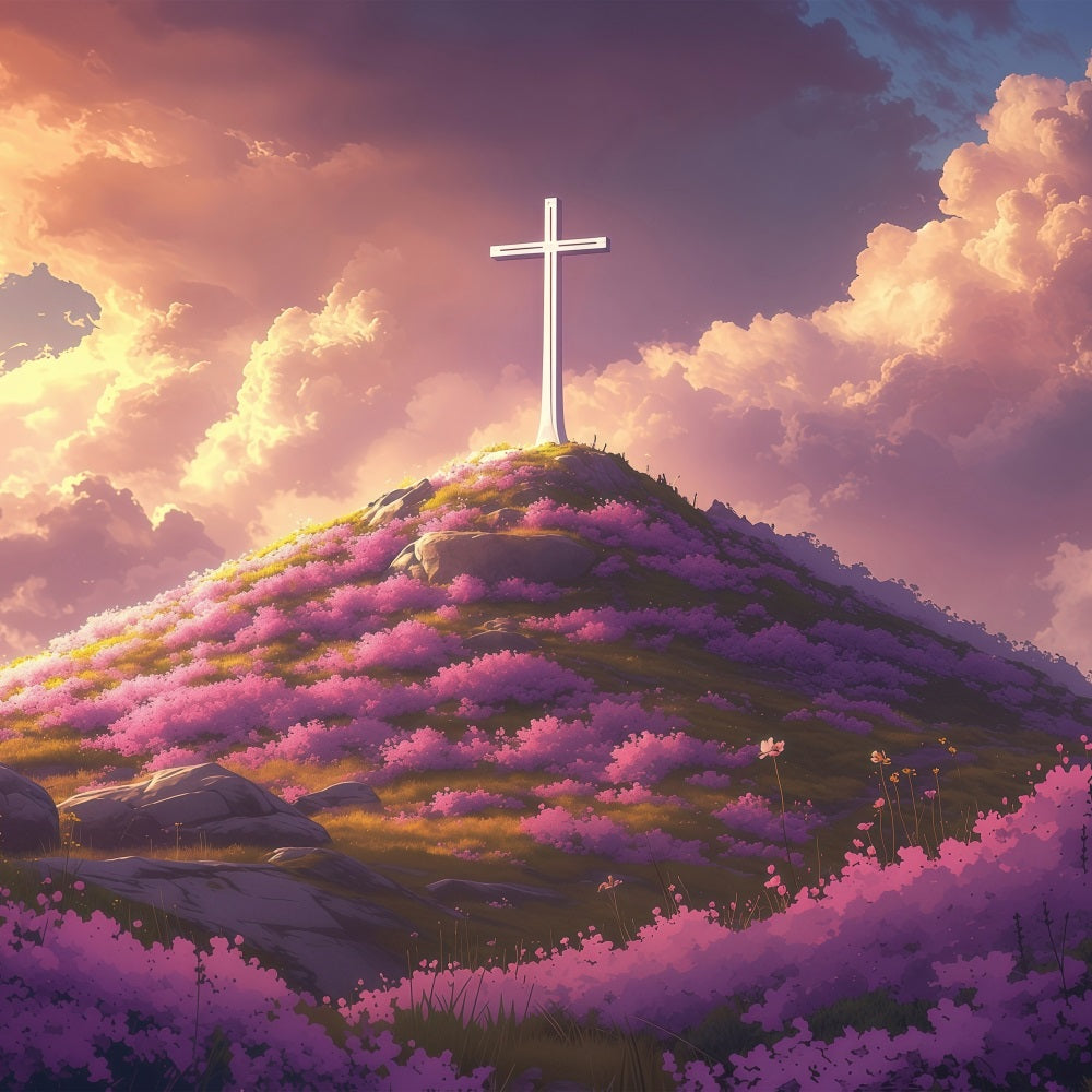 Backdrops Easter Divine Sunset Cross Flowered Hill Backdrop BRP1-309