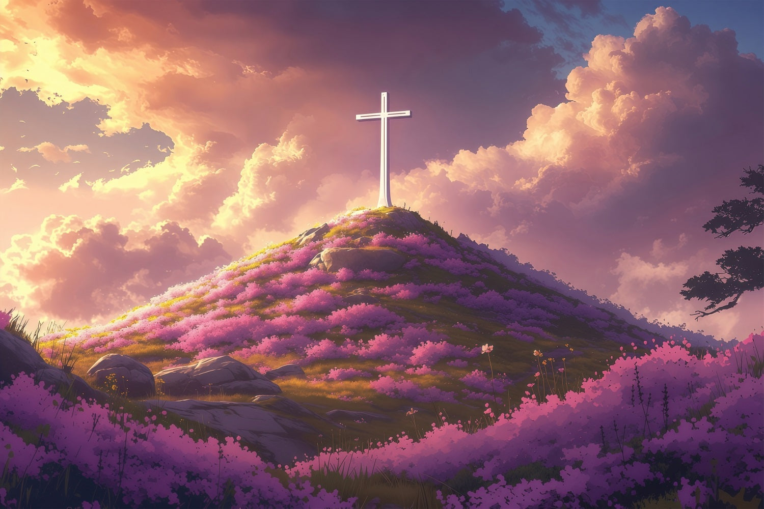 Backdrops Easter Divine Sunset Cross Flowered Hill Backdrop BRP1-309