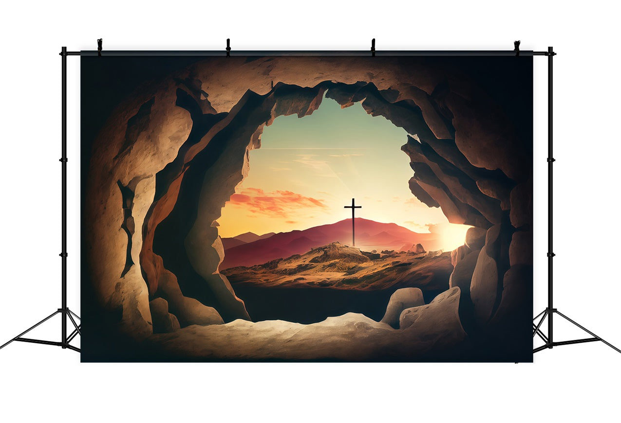 Easter Picture Backdrops Sunset Cross Seen Rocks Backdrop BRP1-312