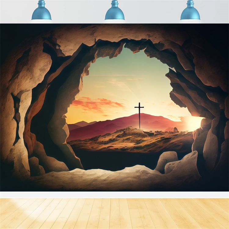 Easter Picture Backdrops Sunset Cross Seen Rocks Backdrop BRP1-312