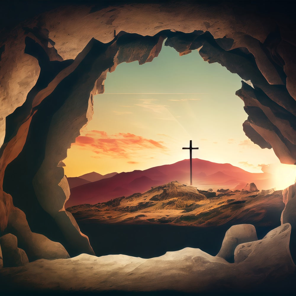 Easter Picture Backdrops Sunset Cross Seen Rocks Backdrop BRP1-312