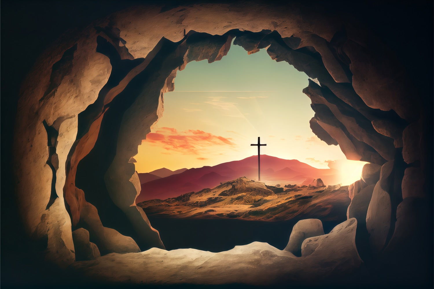 Easter Picture Backdrops Sunset Cross Seen Rocks Backdrop BRP1-312