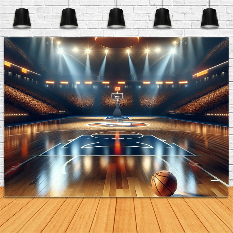 Basketball Photo Backdrop Shining Lights Wooden Court Backdrop BRP1-319