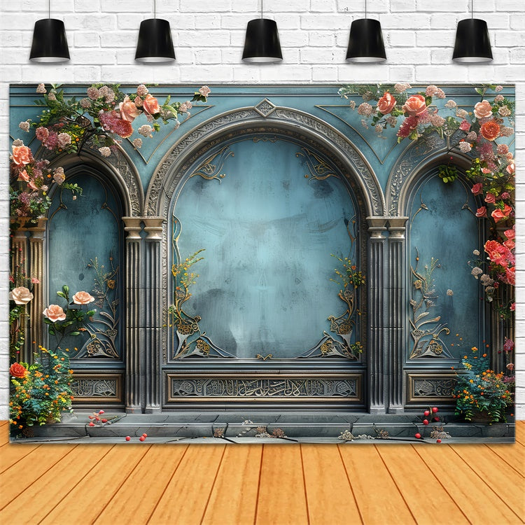 Floral Photo Backdrop Romantic Blue Arch Elegance Backdrop BRP1-354