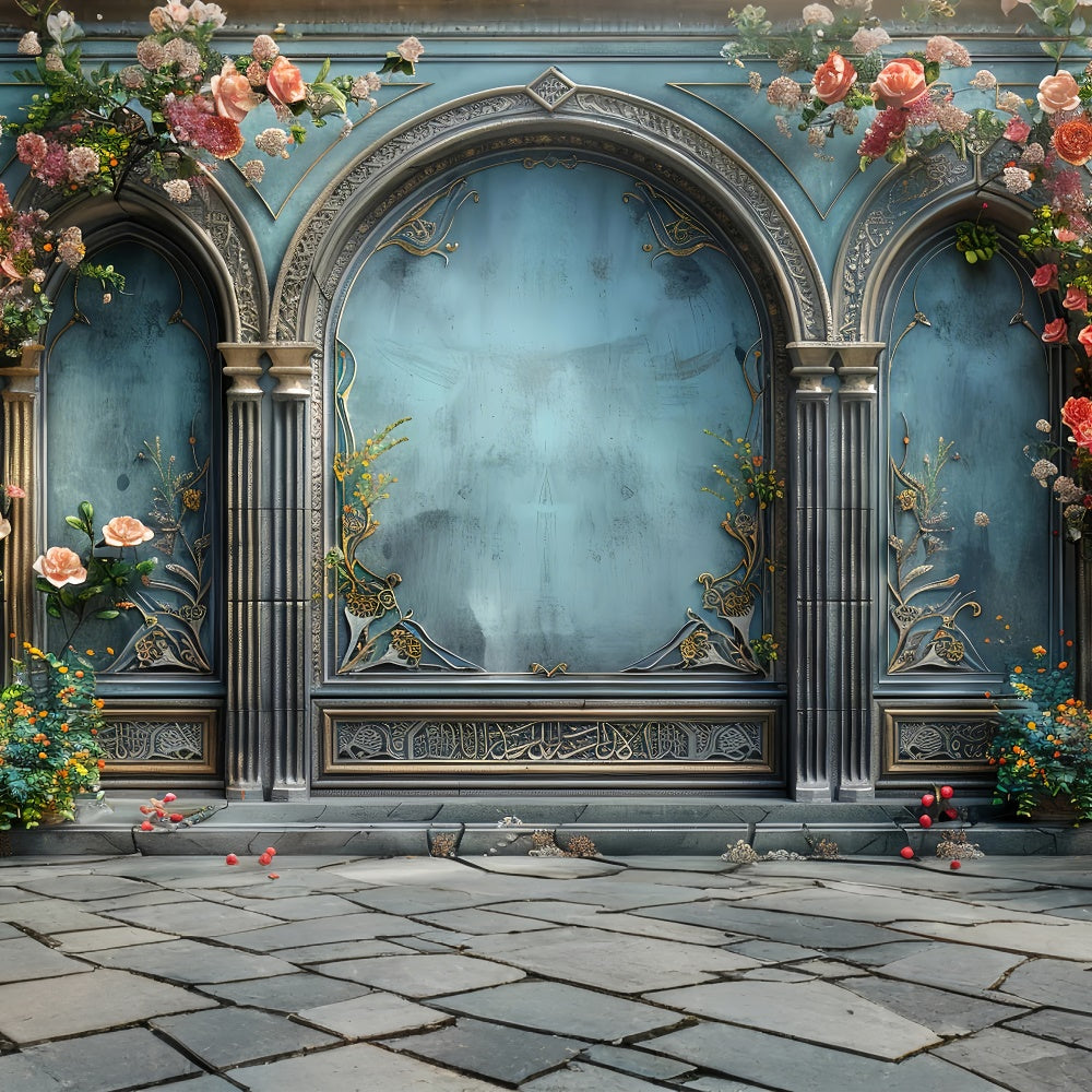 Floral Photo Backdrop Romantic Blue Arch Elegance Backdrop BRP1-354