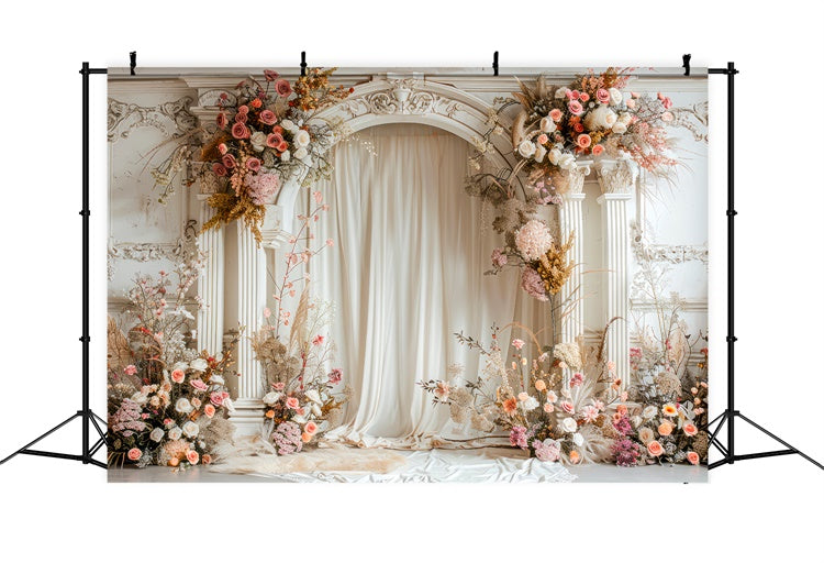 Flower Photo Backdrop Ivory Rose Arched Pillar Backdrop BRP1-357