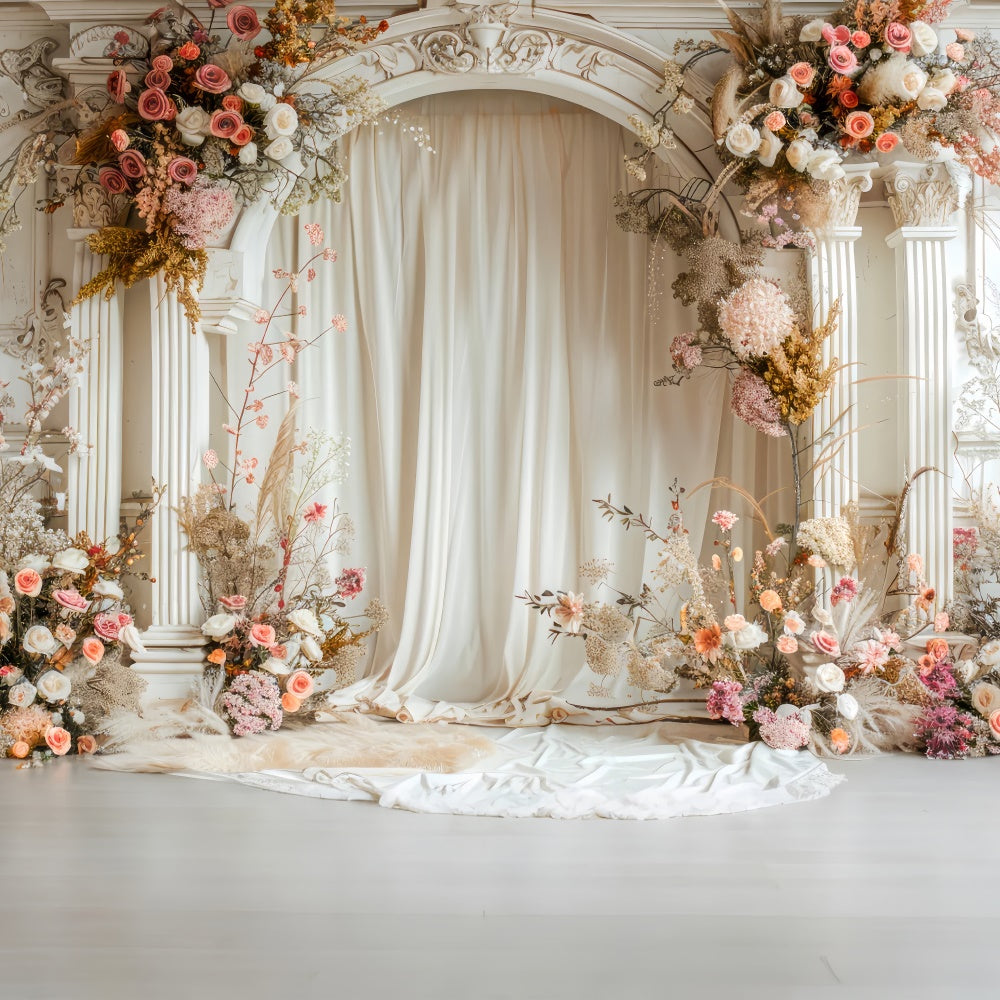 Flower Photo Backdrop Ivory Rose Arched Pillar Backdrop BRP1-357