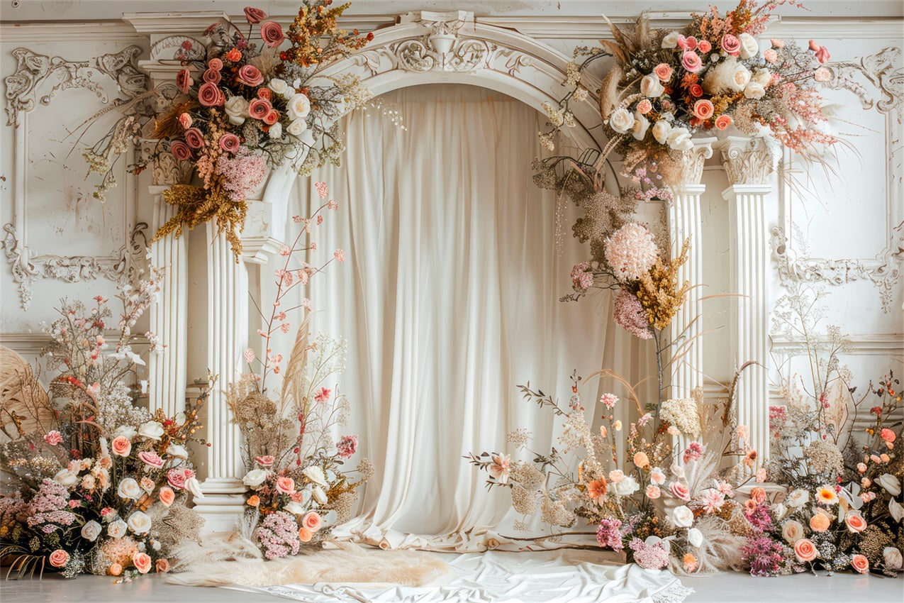 Flower Photo Backdrop Ivory Rose Arched Pillar Backdrop BRP1-357